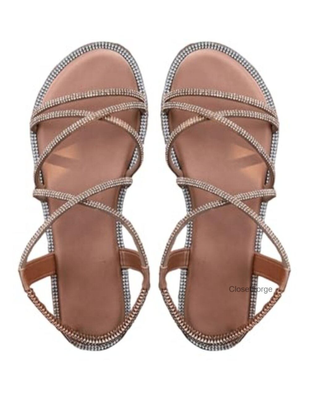 Women's Rhinestone Strappy Flat Sandals Sparkly Dressy Slip On Summer